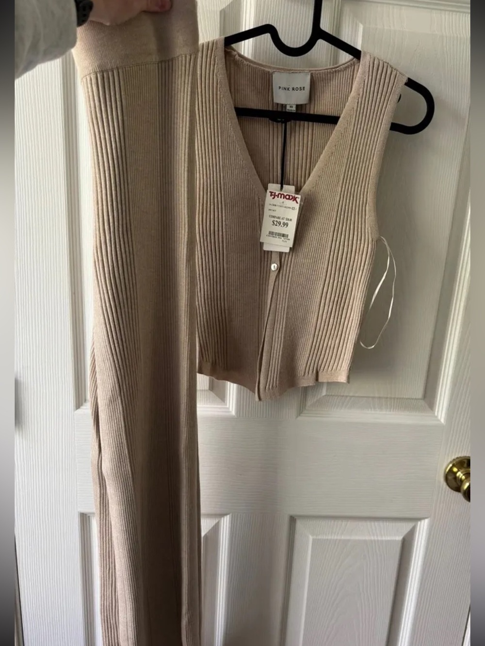 Pink Rose Ribbed Two Piece Set in Beige